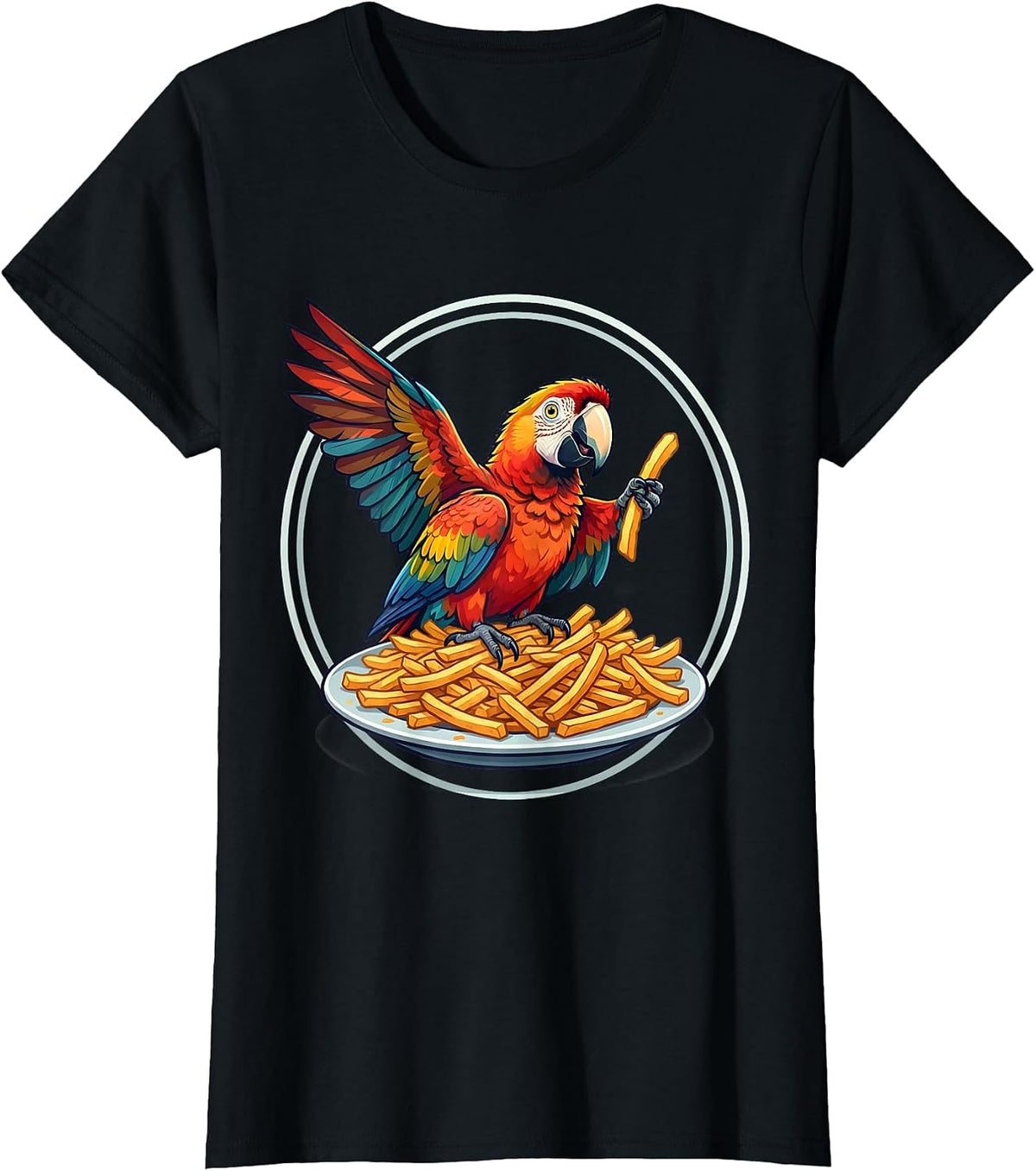 Women's Sneaky Parrot Stealing French Fries Funny Design T-Shirt - Black