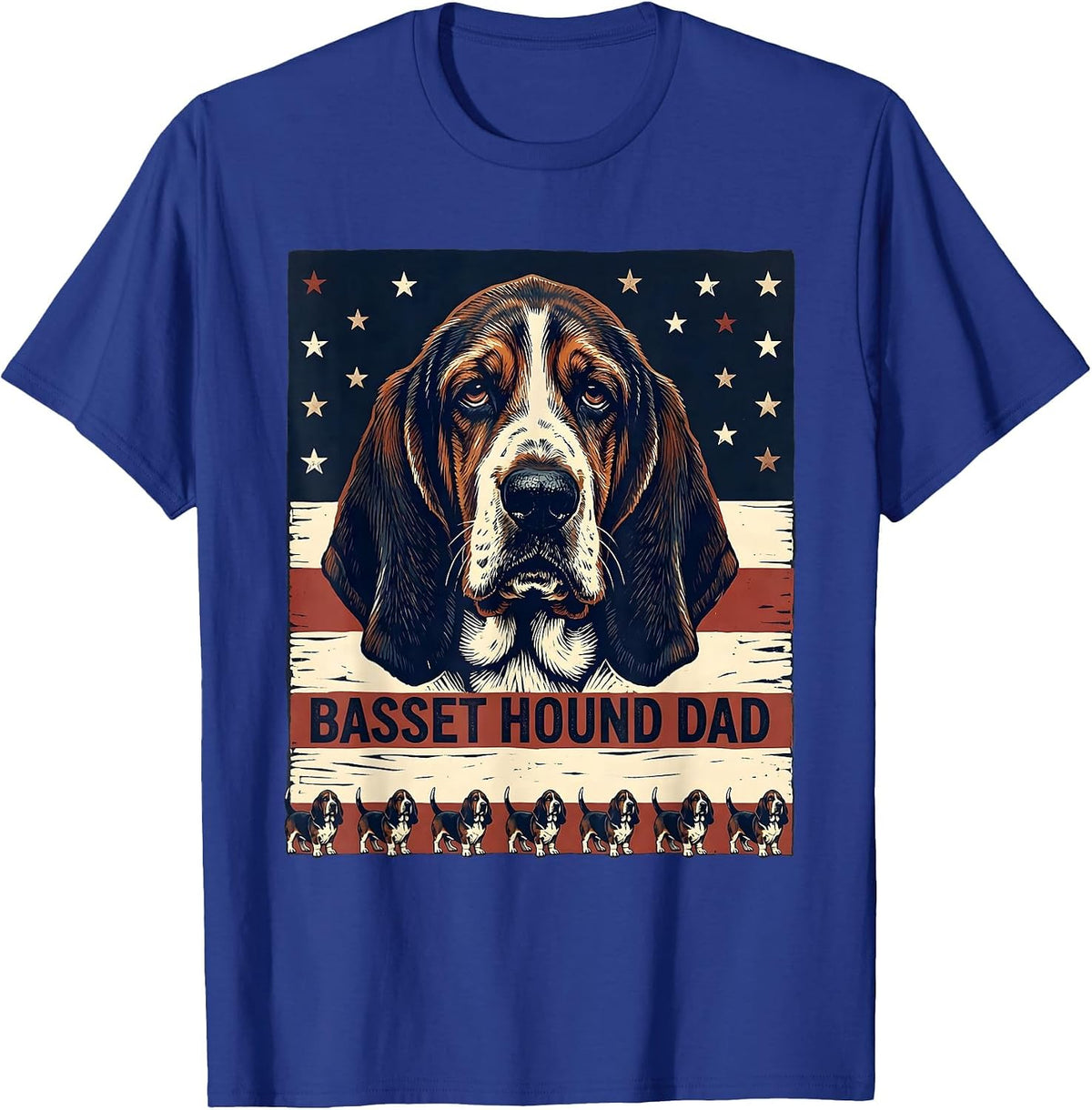 Basset Hound Dad Patriotic Linocut Dog Breed Pride T-Shirt - Royal Blue