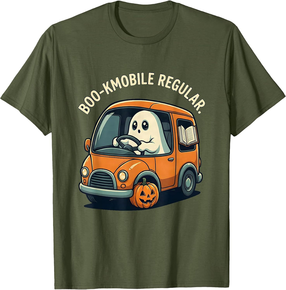Boo-kmobile Regular Funny Ghost Book Lover Halloween Reading T-Shirt - Olive Green