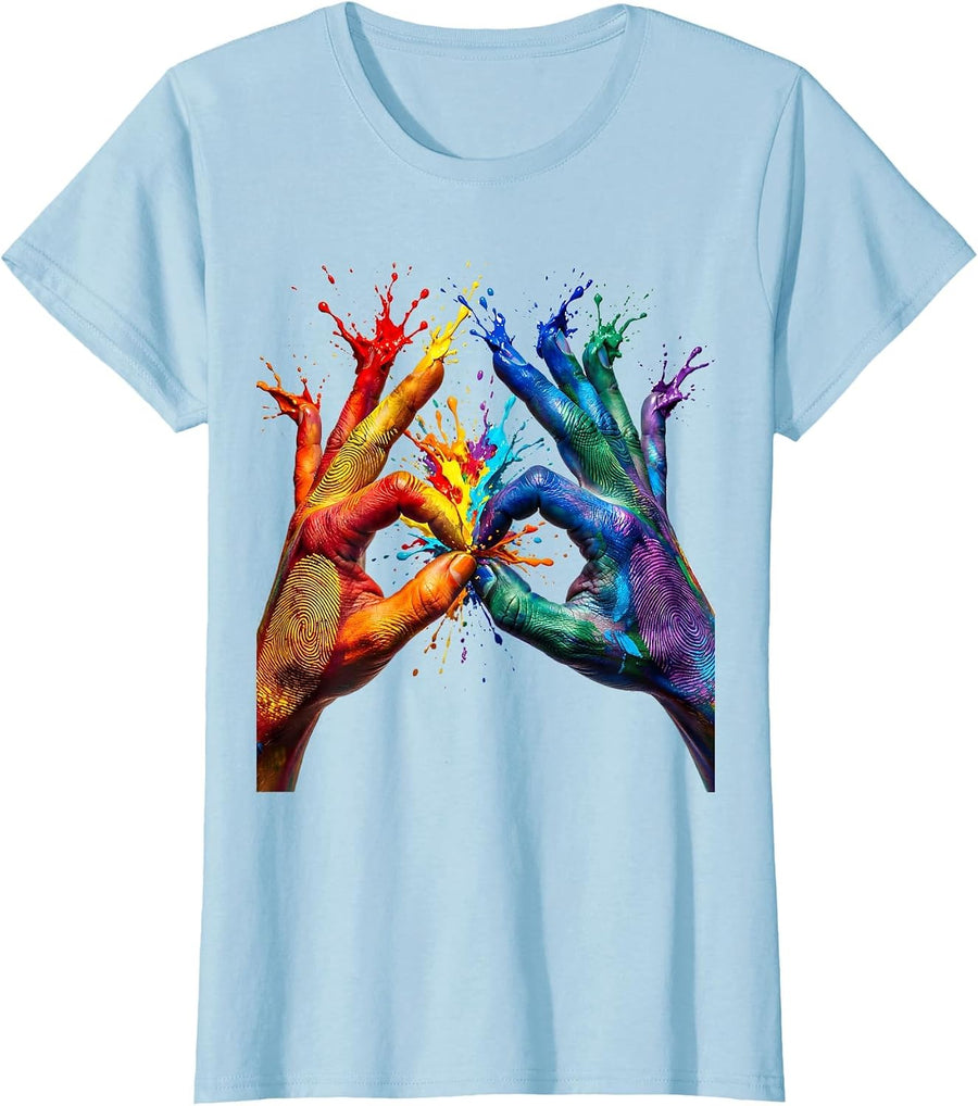 Women's Autism Awareness Mismatched Fingerprint Hands T-Shirt - Baby Blue