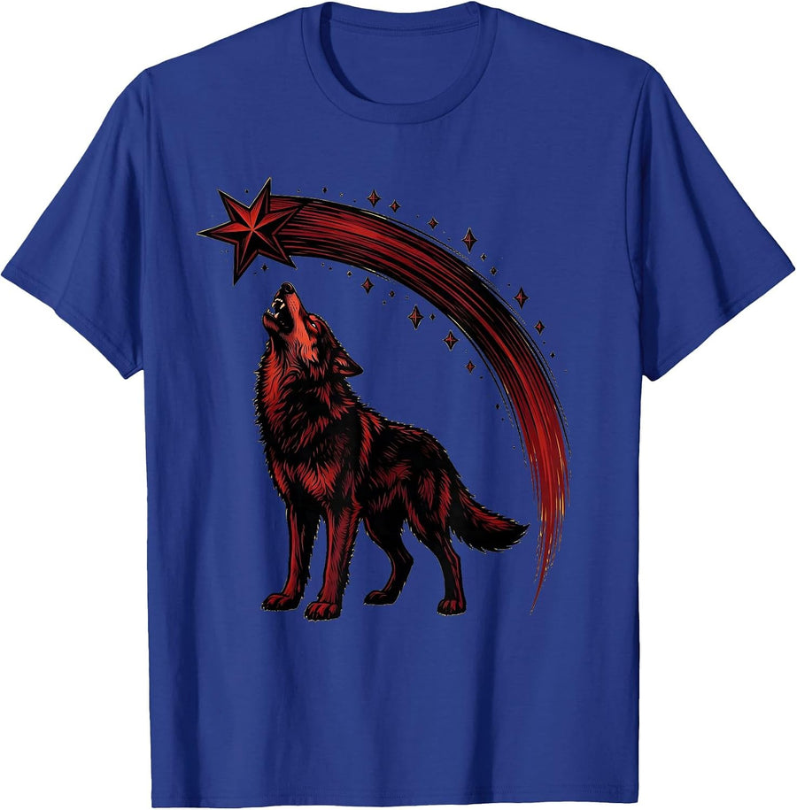 Wolf Silhouette Howling at a Falling Star T-Shirt - Royal Blue