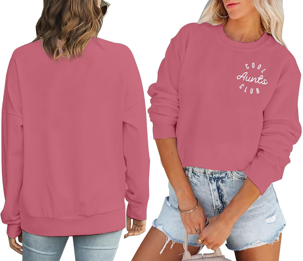 Women Aunt Sweatshirt Cool Aunts Club Crewneck Sweatshirt Auntie Long Sleeve Lightweight Shirt for Aunt Gift - Pink-2