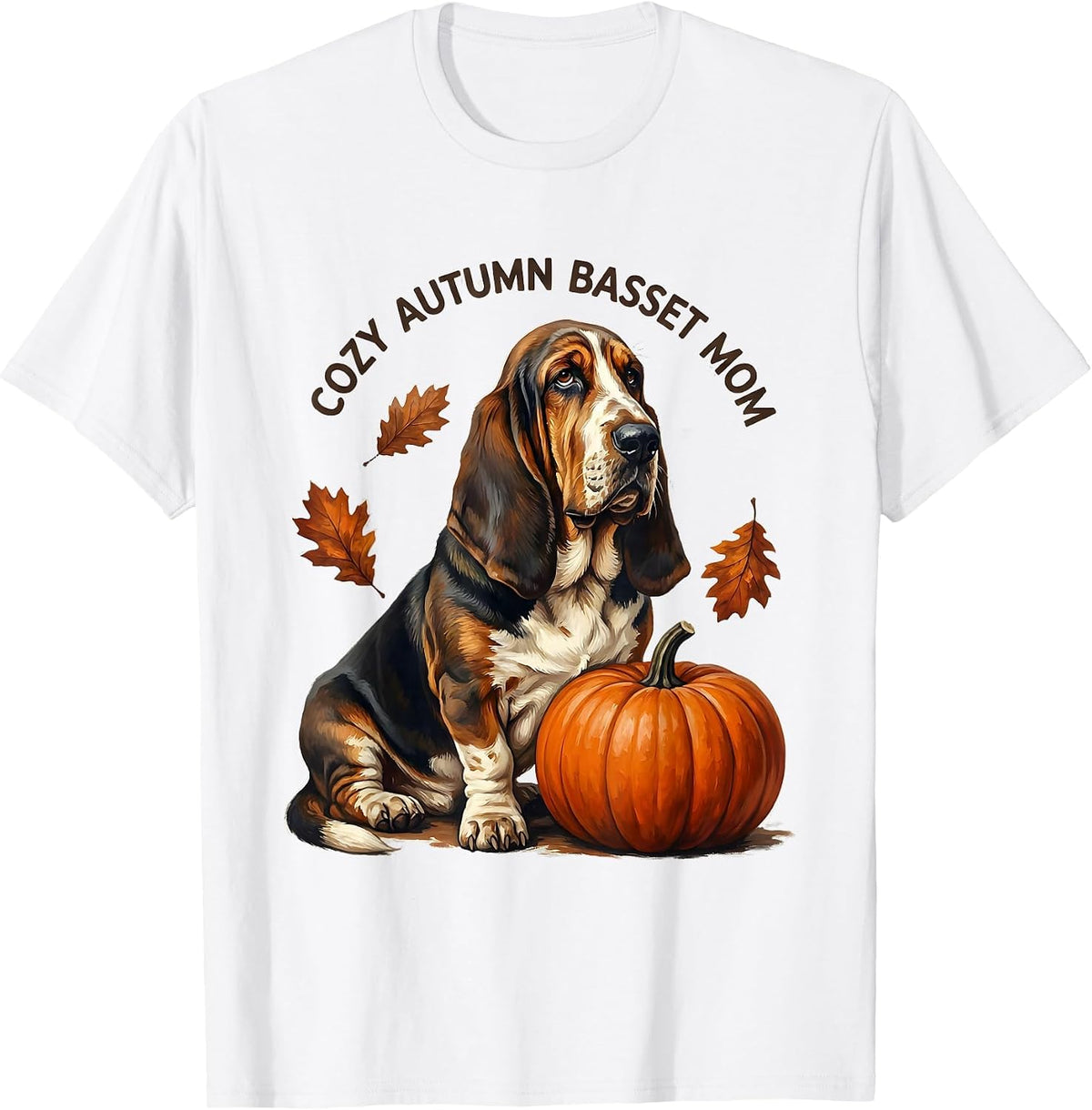 Men's Cozy Autumn Basset Mom Whimsical Basset Hound Fall Dog Lover T-Shirt - White