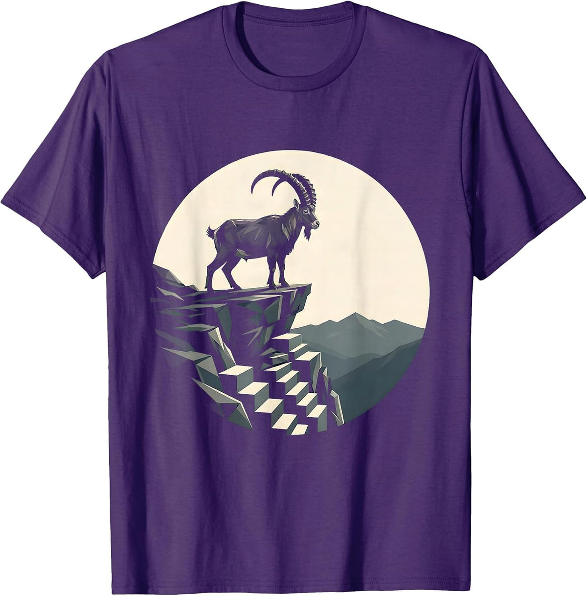 Men's Mountain Goat Rocky Cliff Edge Wildlife Illustration T-Shirt - Purple