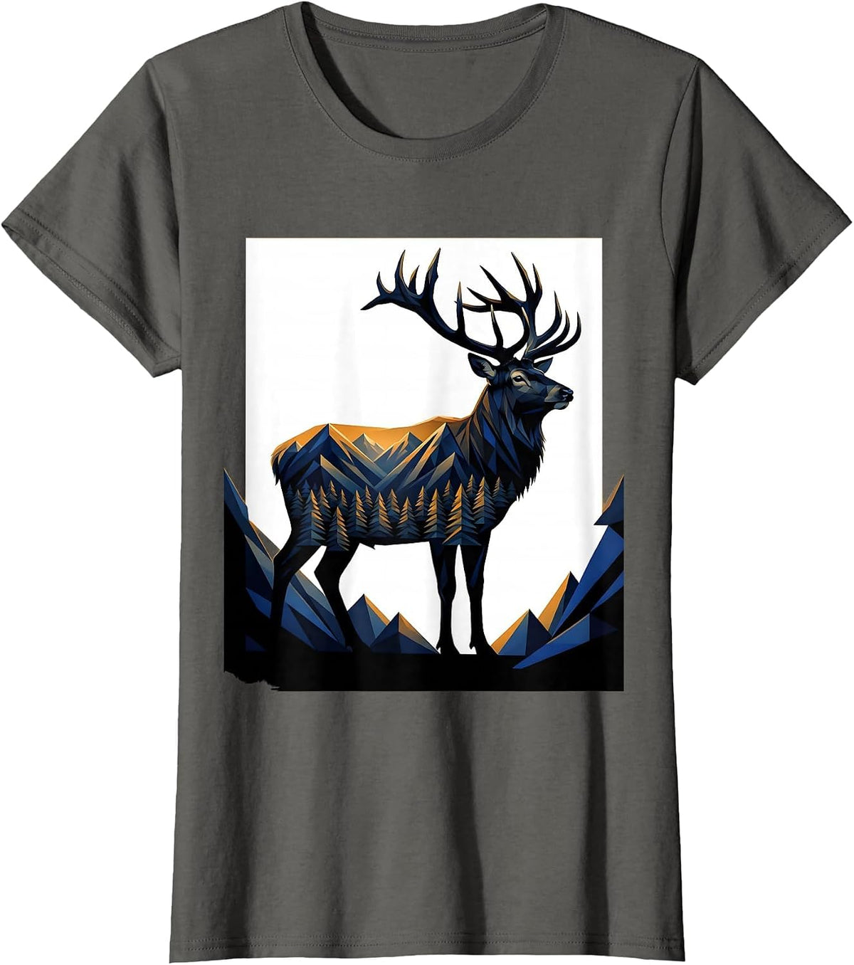 Women's Elk Profile Geometric Mountain Hunting Outdoor Enthusiast T-Shirt - Asphalt Grey