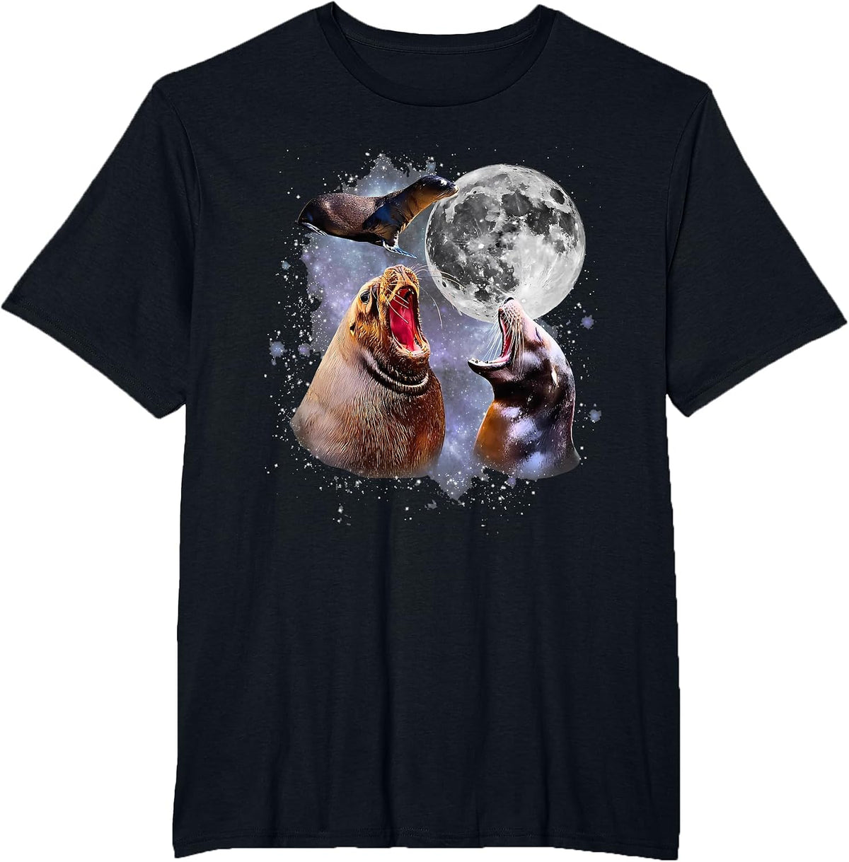 Retro Three California Sea Lion Moon Ocean Marine Animal T-Shirt - Black