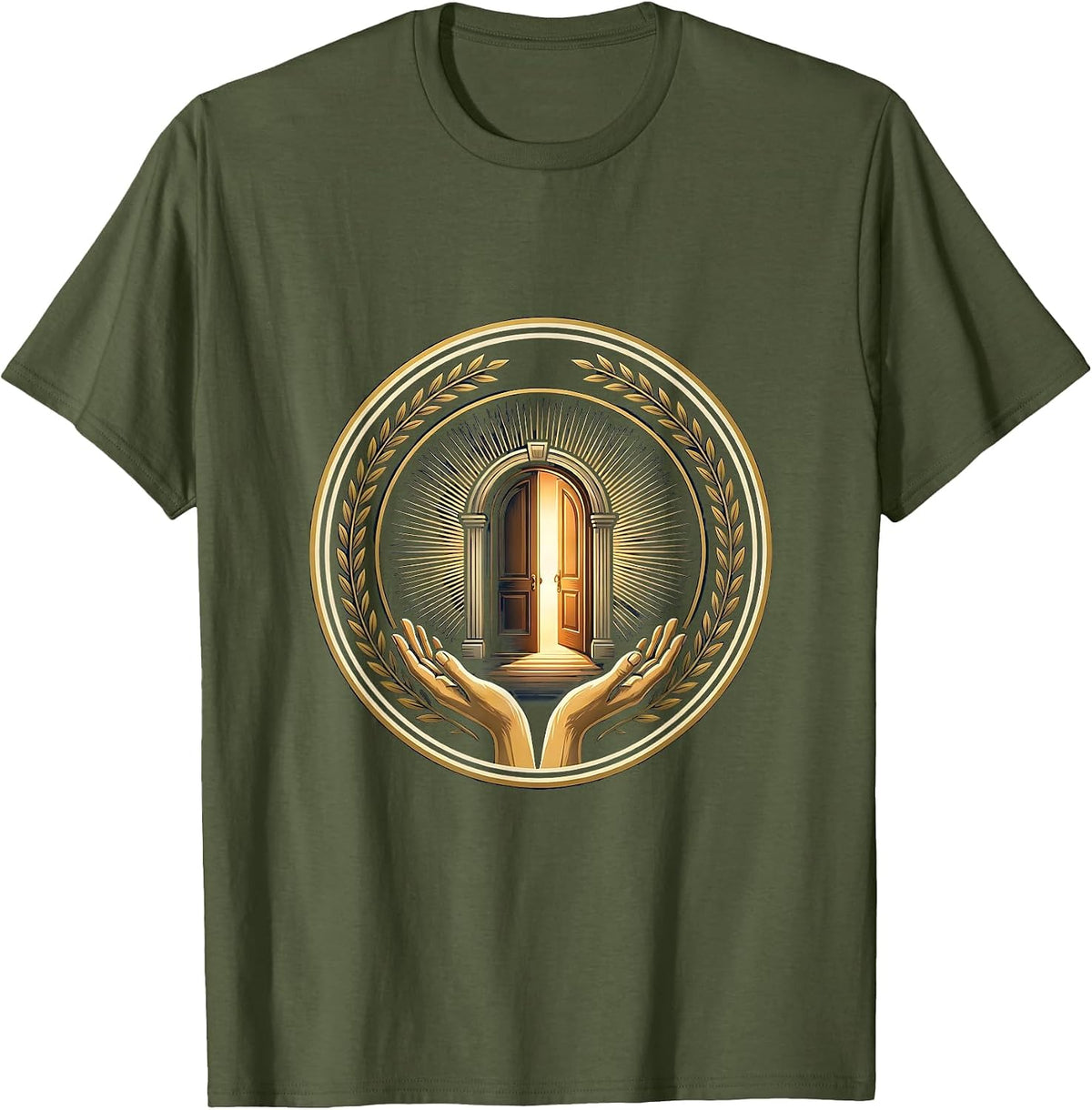 Social Worker Open Door Warm Light Illustration T-Shirt - Olive Green