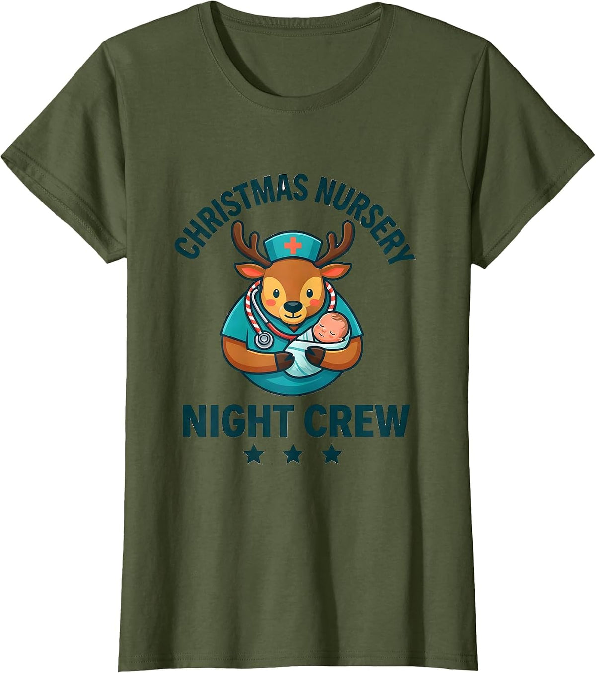 Women's Christmas Nursery Night Crew Funny Nurse Christmas ICU NICU T-Shirt - Olive Green