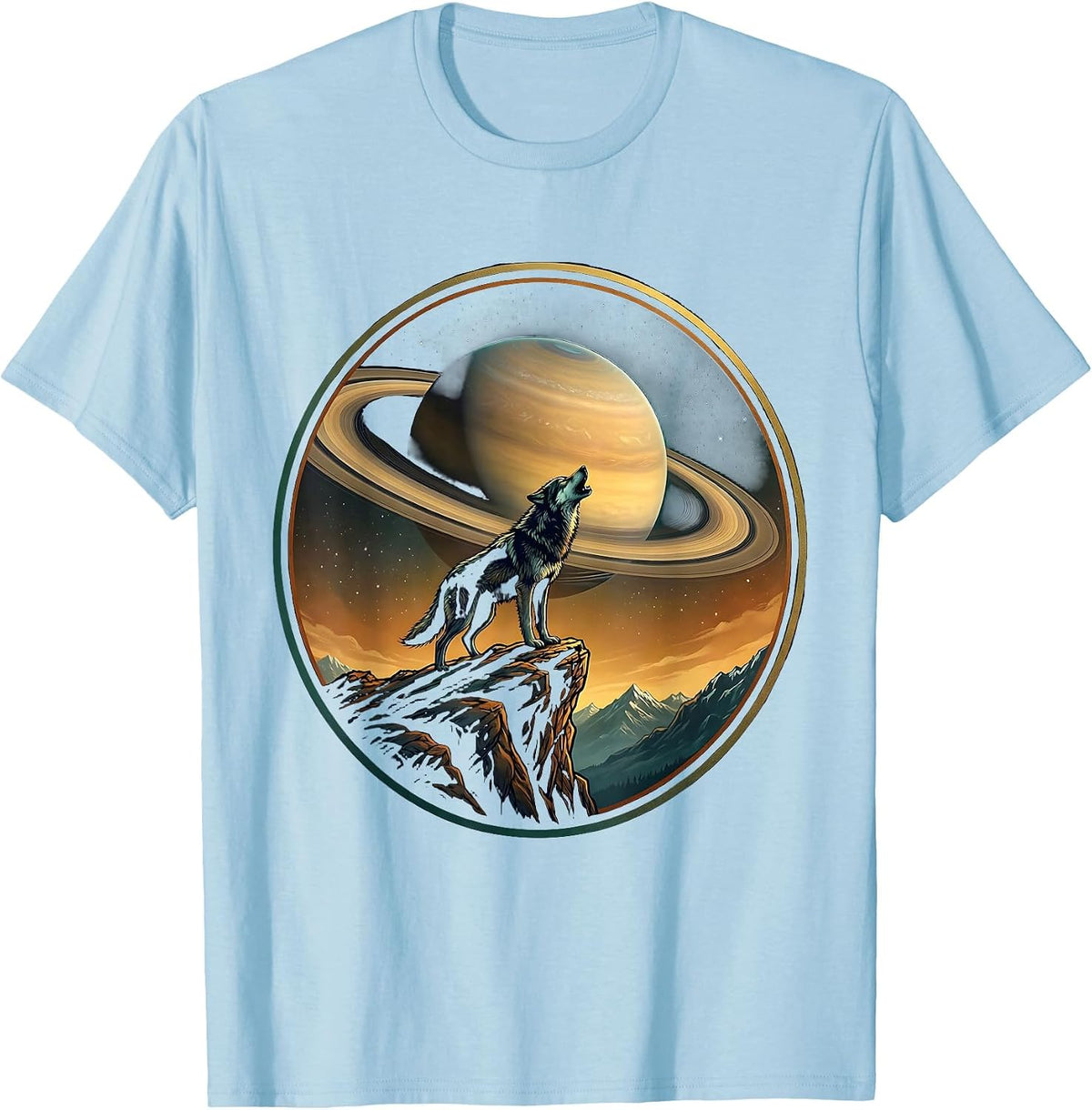 Men's Wolf Howling at Ringed Planet Space Illustration T-Shirt - Baby Blue