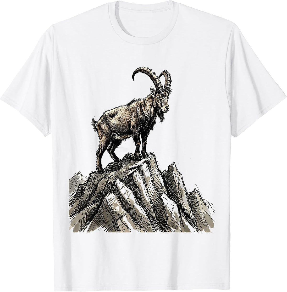Men's Italian Alpine Mountain Goat Peak Illustration T-Shirt - White
