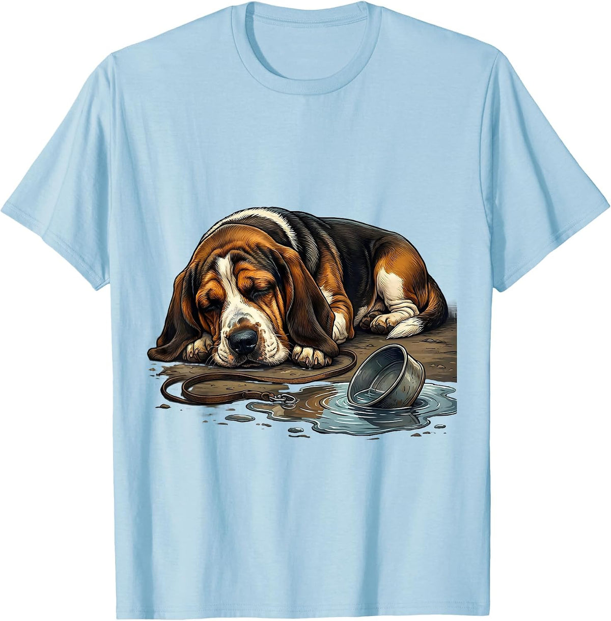 Men's Basset Hound Sleeping Beside Water Bowl Deadpan Humor T-Shirt - Baby Blue