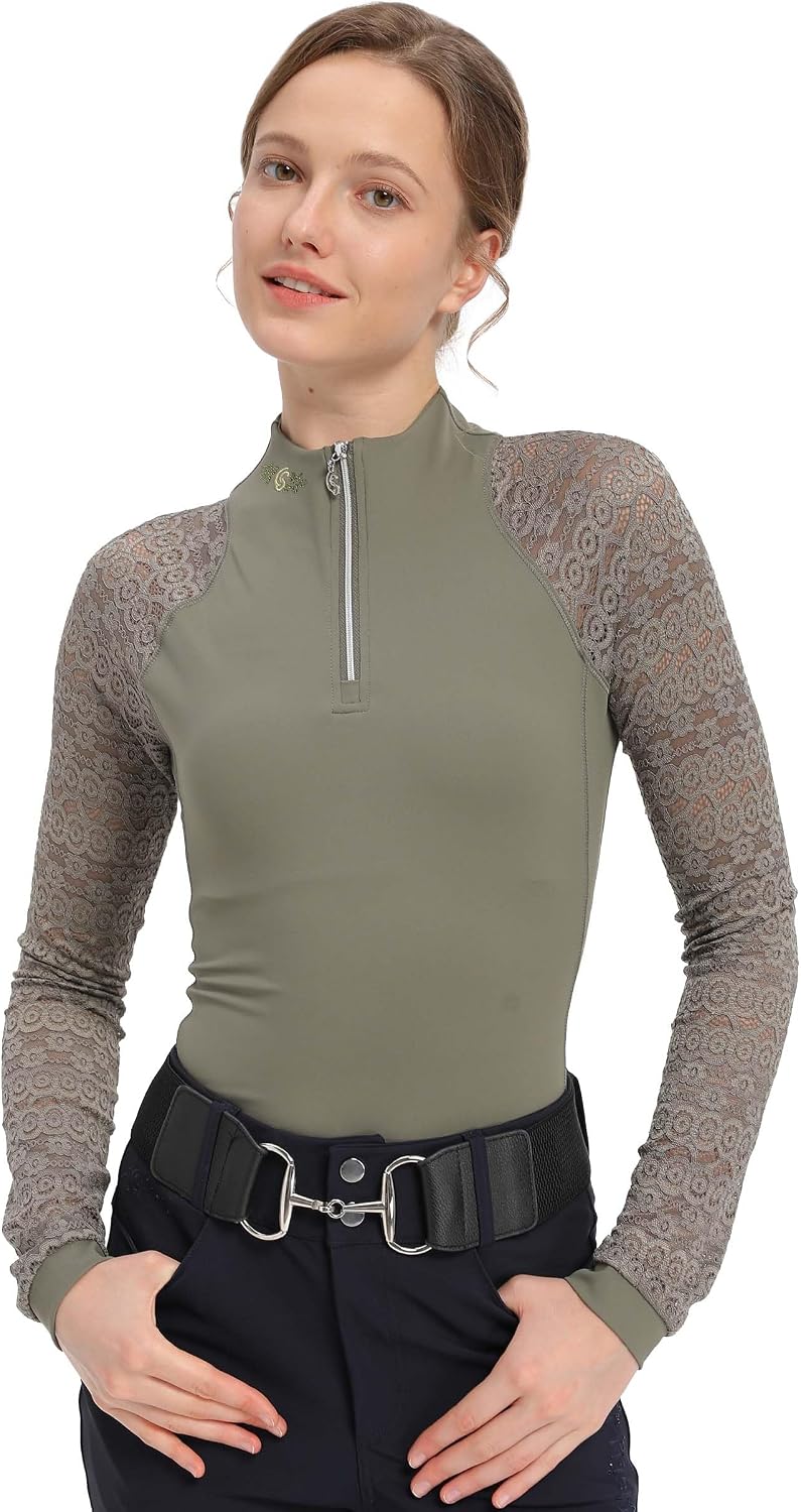 Show Shirt for Horse Riding, Long Sleeve Equestrian Shirt - Olive Grey