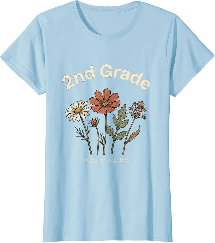 Women's 2nd Grade We Grow Together Wildflower Teacher Back To School T-Shirt - Baby Blue