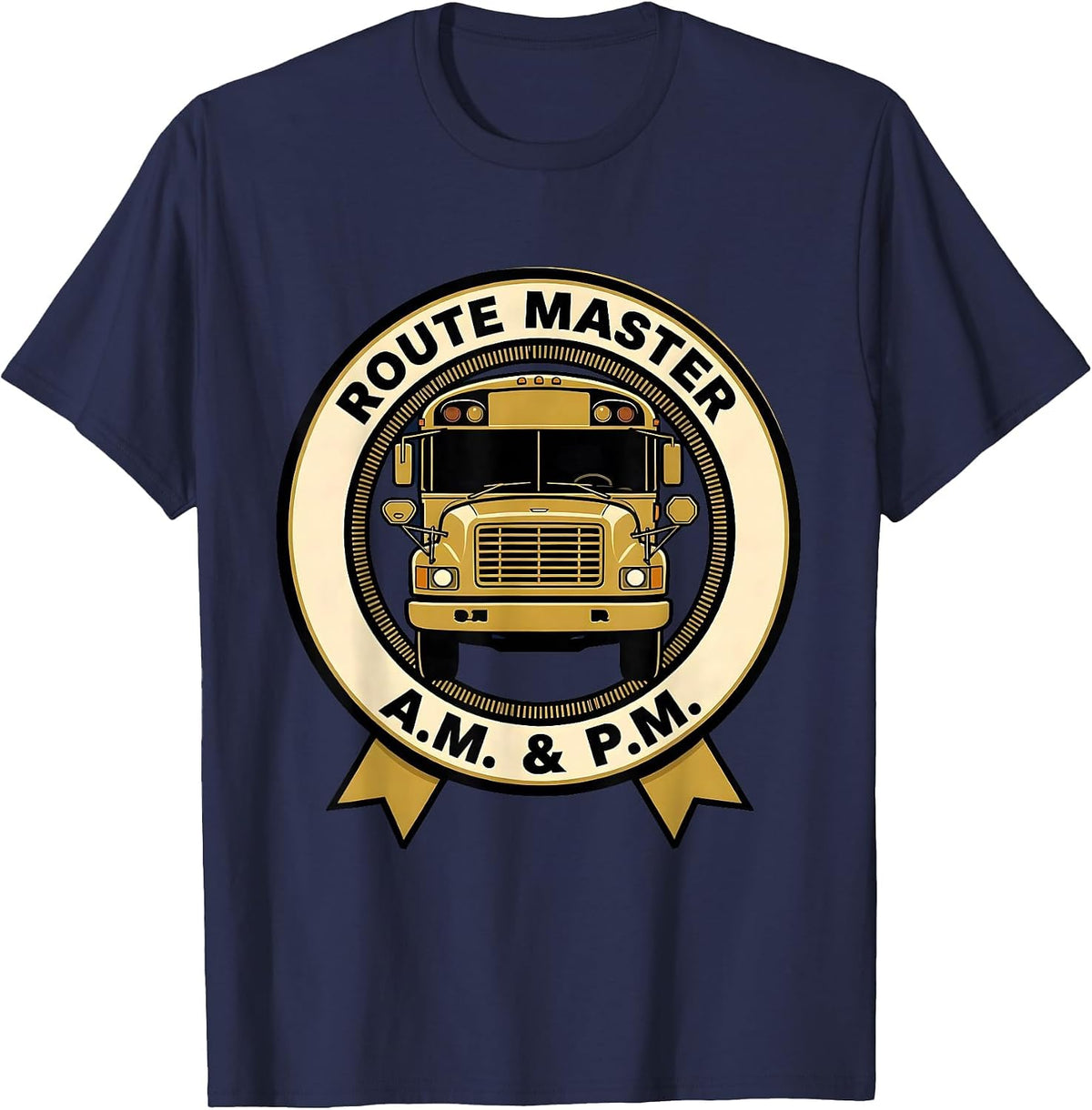 Route Master A.M. & P.M. Funny School Bus Driver T-Shirt - Navy Blue