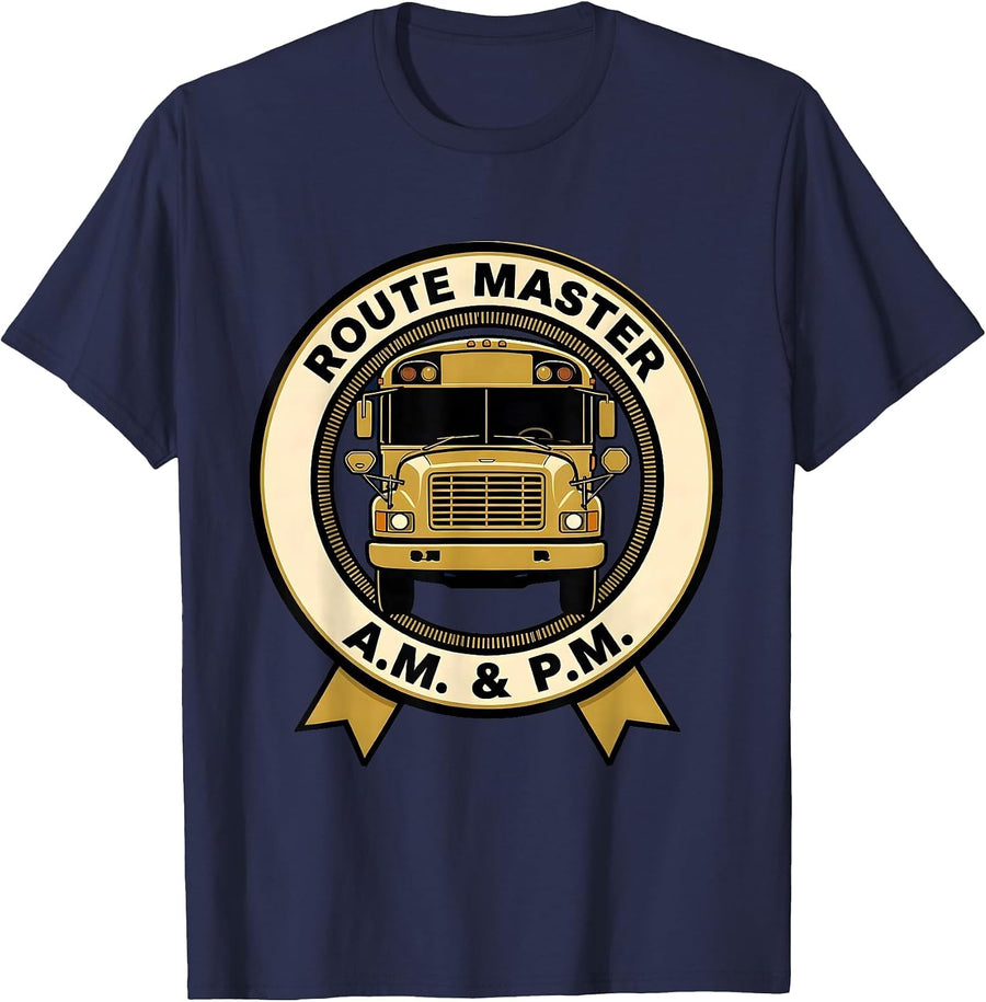 Route Master A.M. & P.M. Funny School Bus Driver T-Shirt - Navy Blue