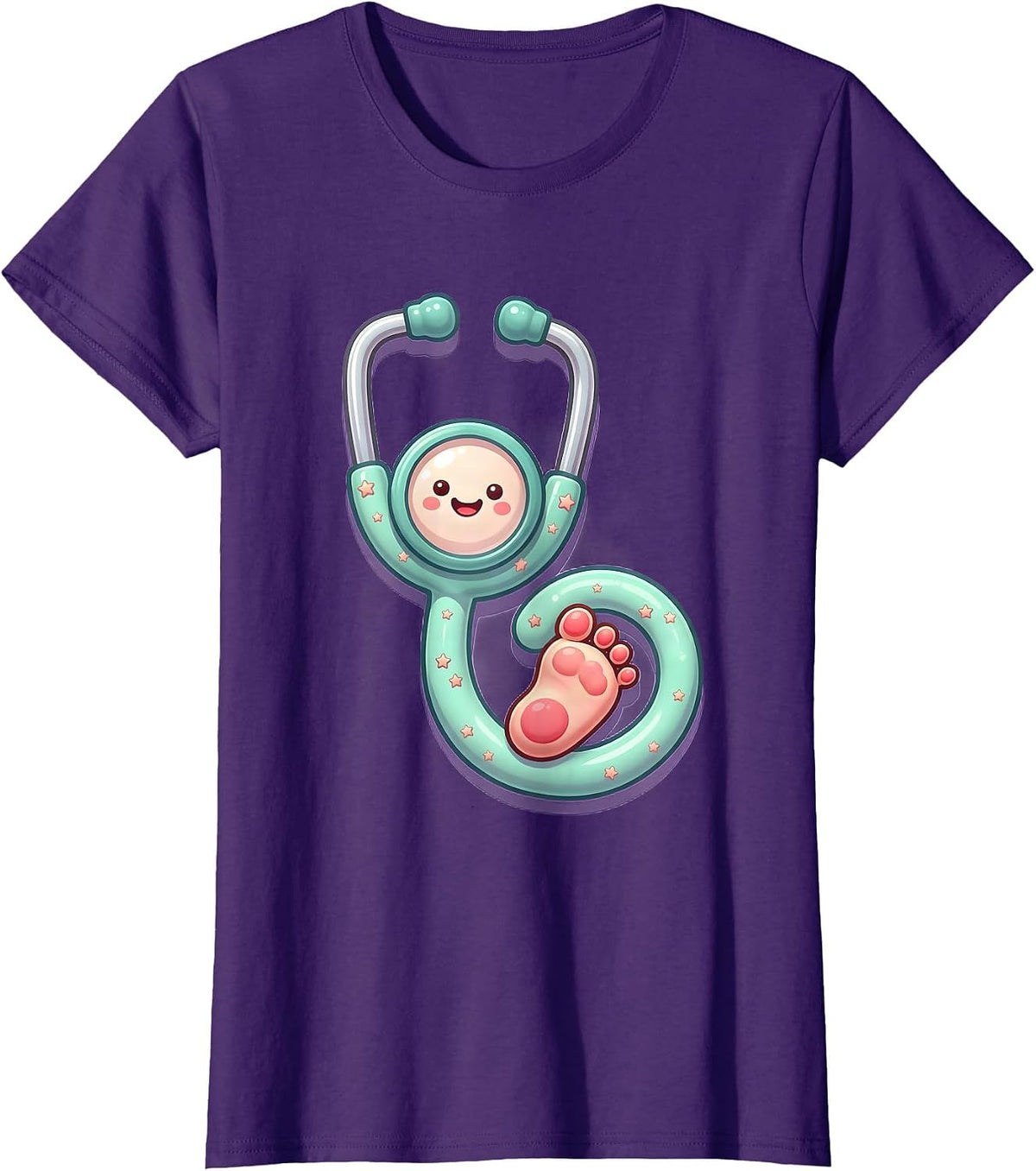 Women's NICU Nurse Stethoscope Baby Footprint Illustration T-Shirt - Purple
