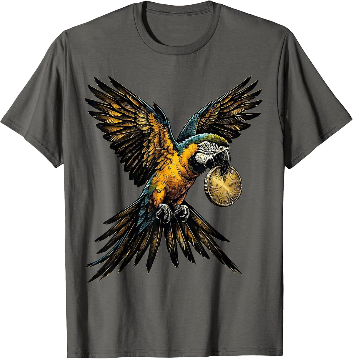 Men's Pirate Parrot Flying with Golden Coin T-Shirt - Asphalt Grey