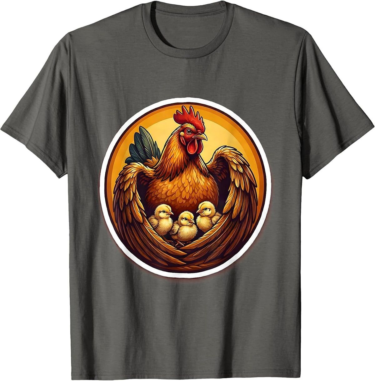 Men's Mother Hen Sheltering Chicks Under Wings Design T-Shirt - Asphalt Grey