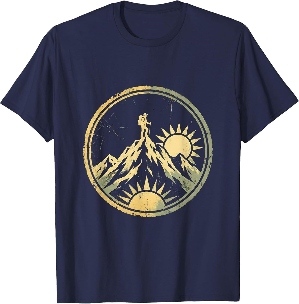 Lone Hiker Mountain Ridge Silhouette Design T-Shirt - Navy Blue