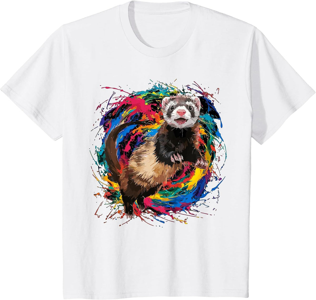 Colorful Paint Splash Ferret Art Graphic T-Shirt - White