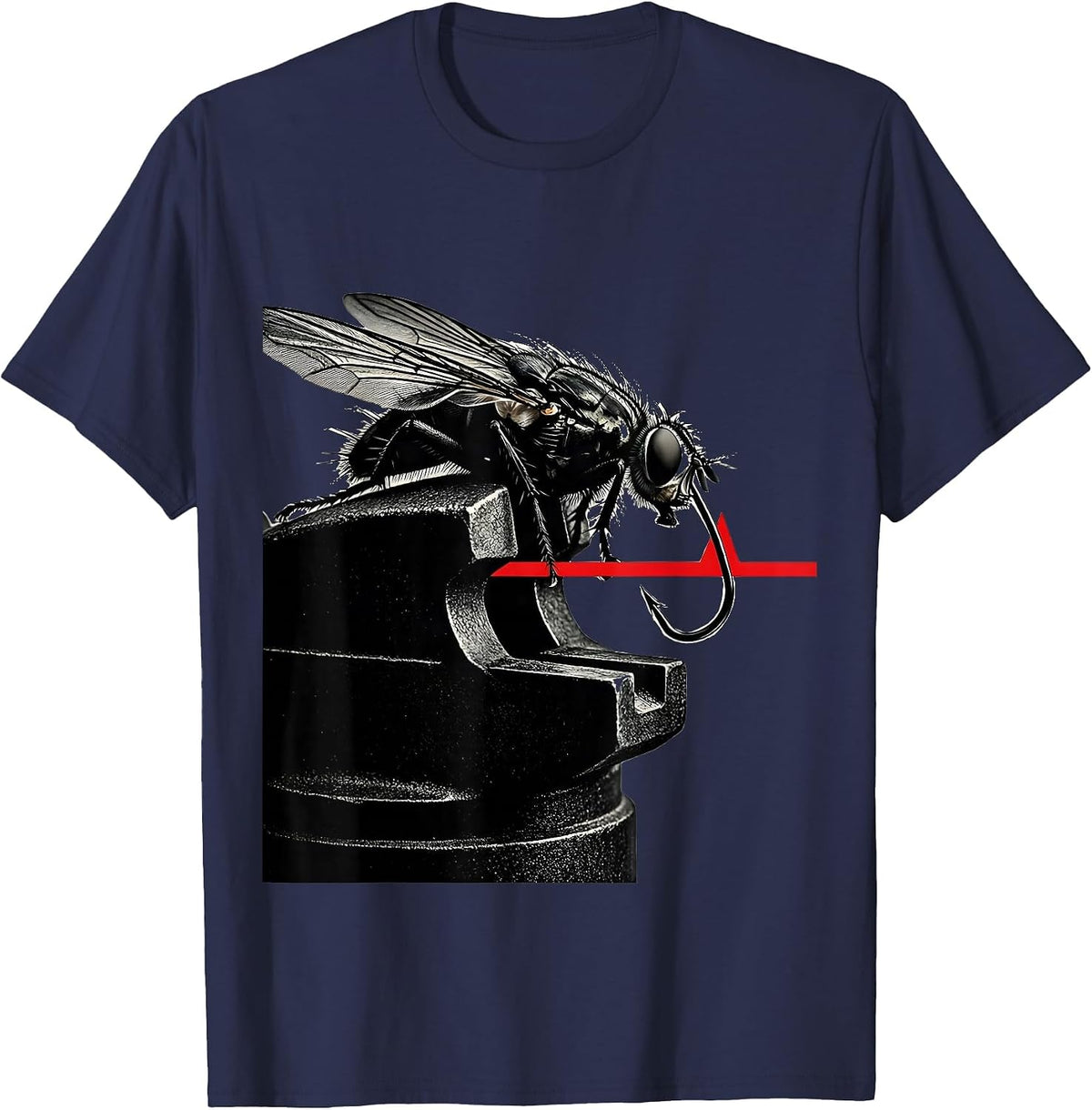 Angled Fly-Tying Vise Hook and Feather Hobby Pulse Line T-Shirt - Navy Blue