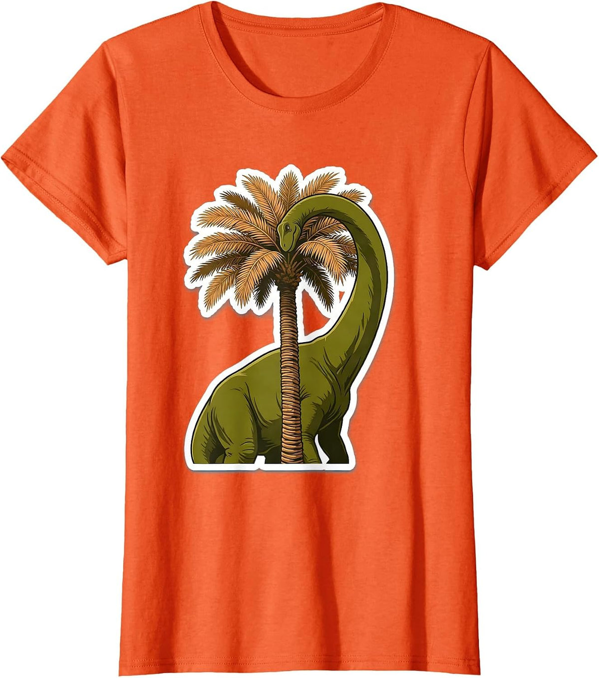 Diplodocus Dinosaur Eating From Tall Palm Tree T-Shirt - Orange