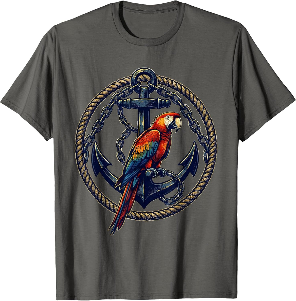 Pirate Parrot Perched on Anchor with Chains T-Shirt - Asphalt Grey