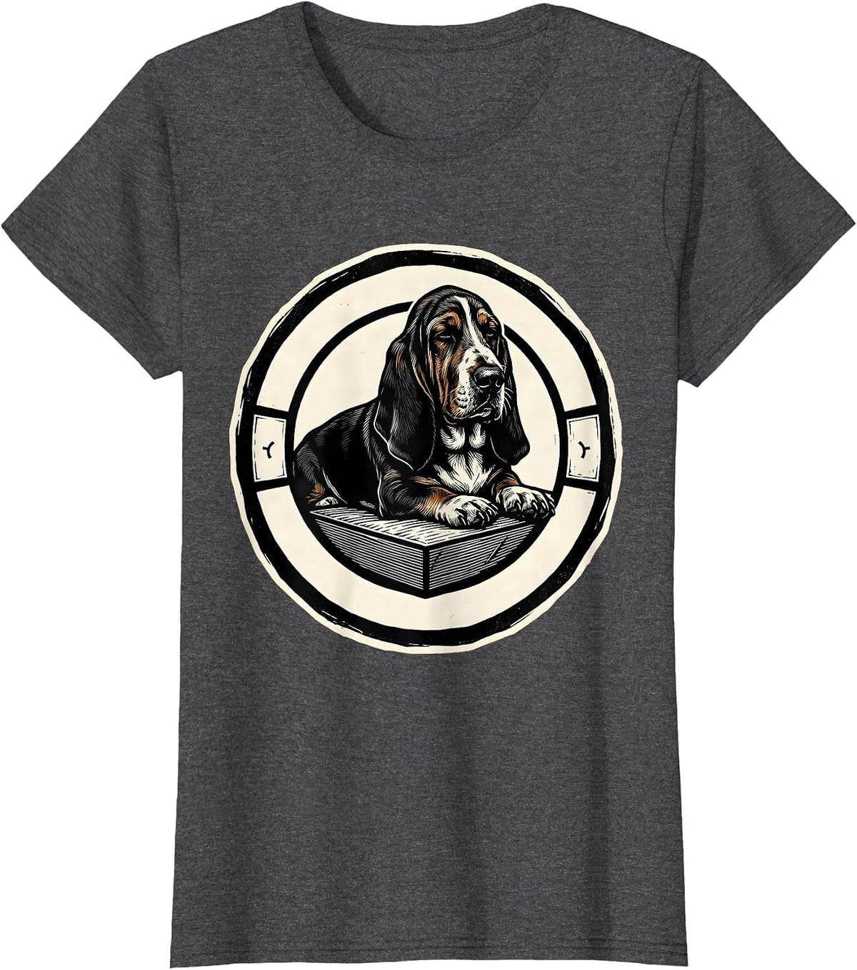 Women's Sleeping Basset Hound Linocut Animal Lover Pajama Humor T-Shirt - Dark Heather Grey