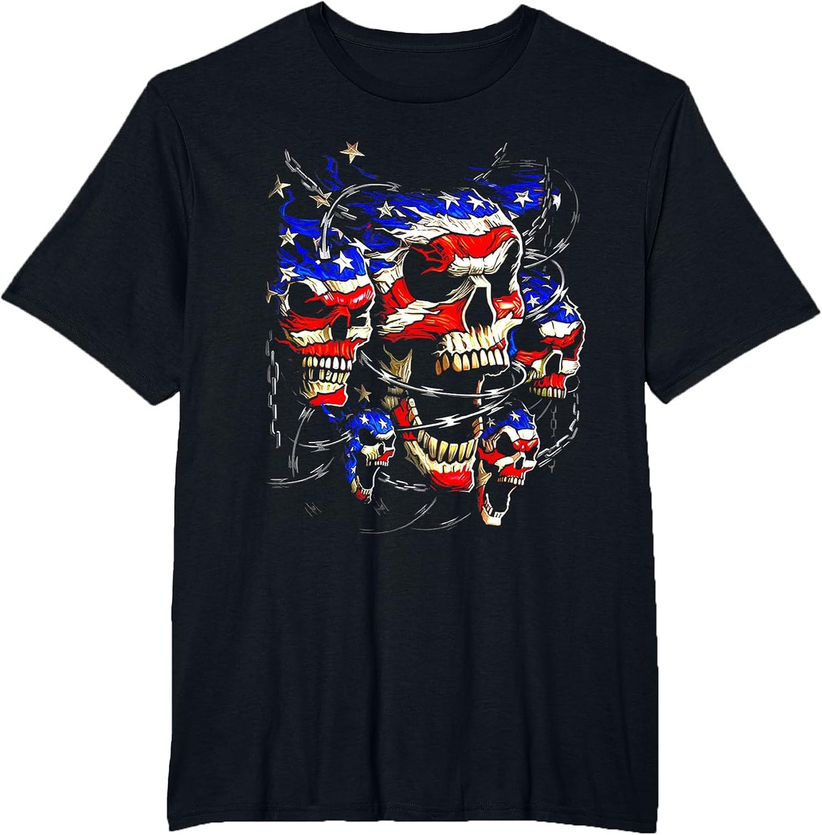 USA Patriotic American Flag Goth Evil Skulls Skeletons T-Shirt - Black