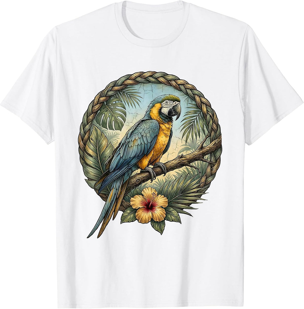 Men's Dominican Republic Blue-Winged Parrot Jungle Art T-Shirt - White
