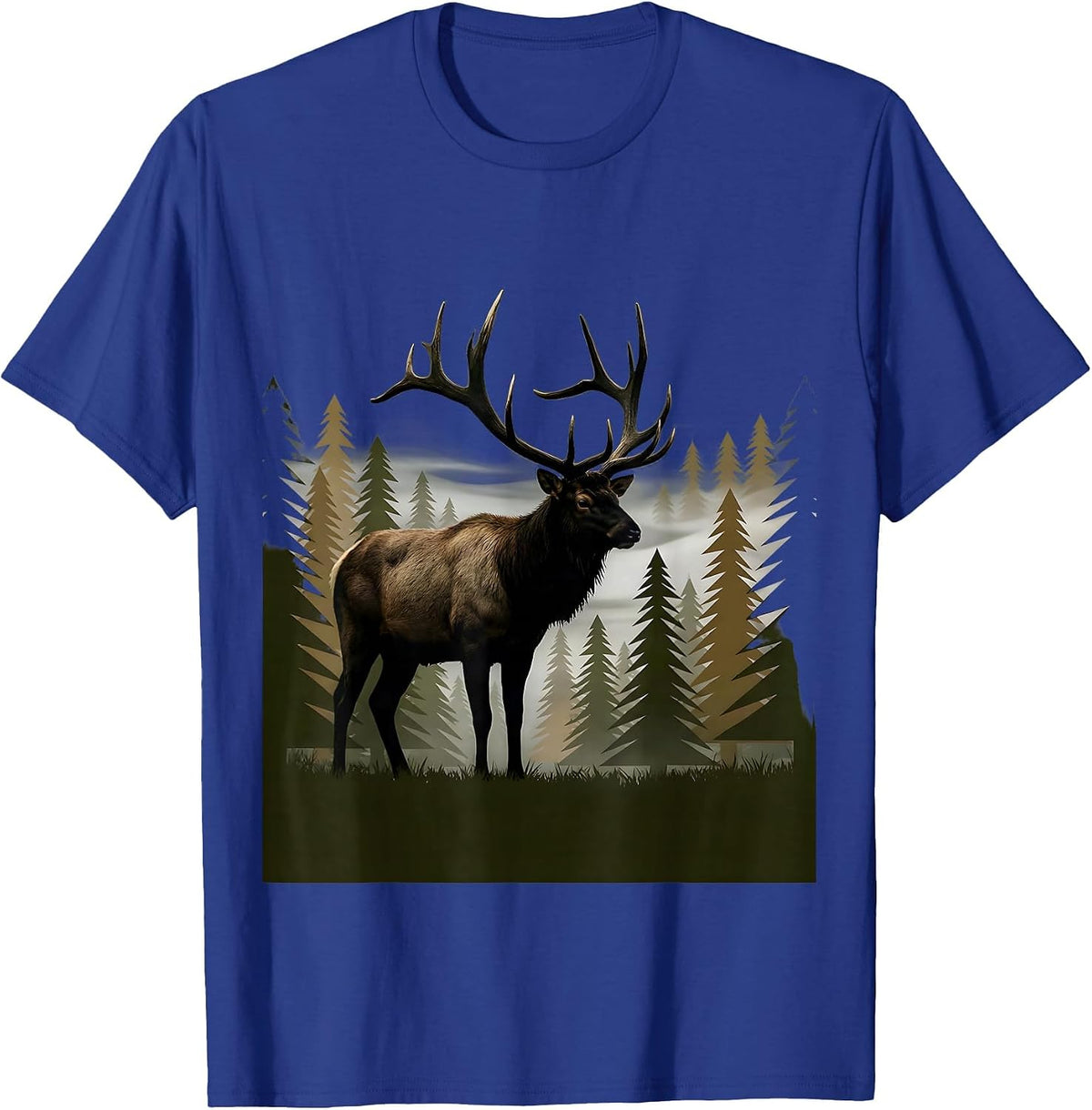 Elk in Misty Camo Woodland Illustration T-Shirt - Royal Blue