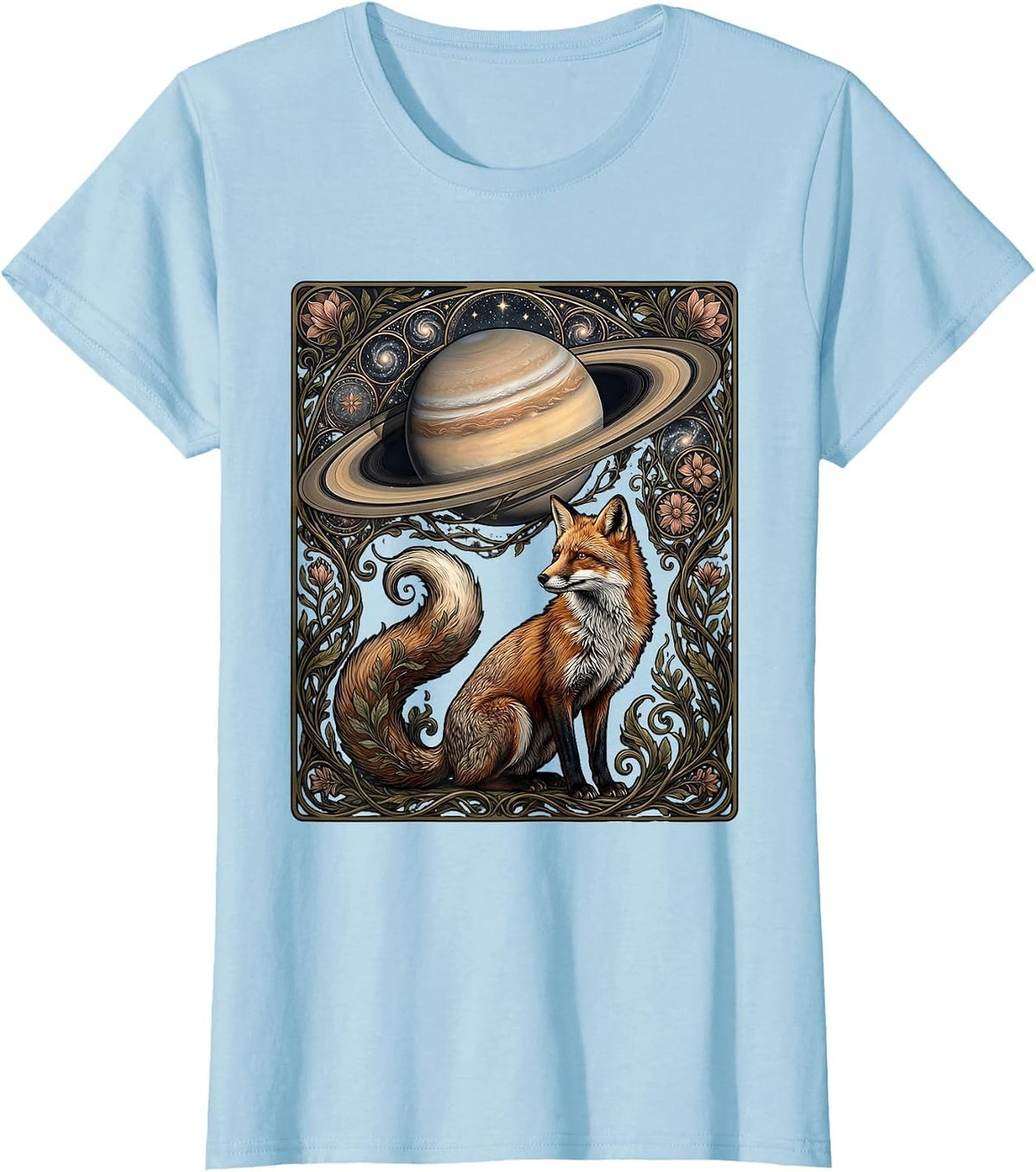 Fox Gazing at Ringed Planet Space Illustration T-Shirt - Baby Blue