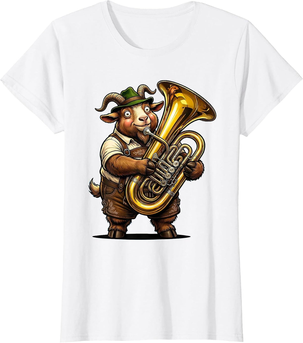 Women's Funny Oktoberfest Goat in Lederhosen Playing Tuba T-Shirt - White