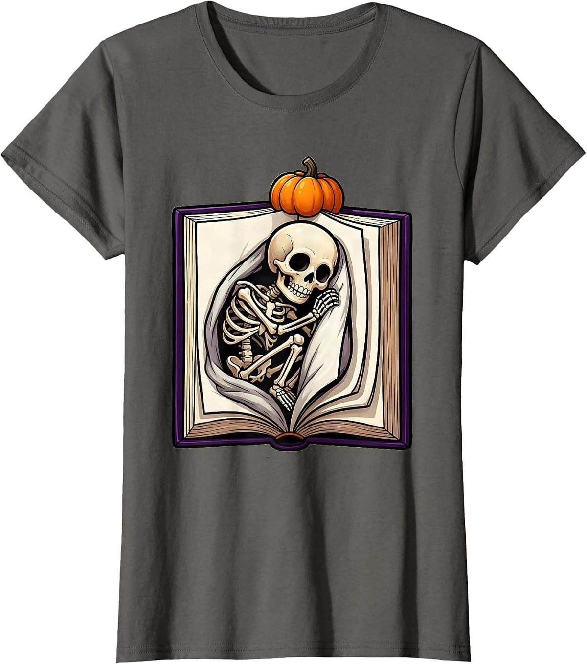 Women's Cheerful Skeleton Bookworm Cartoon Reader Halloween T-Shirt - Asphalt Grey