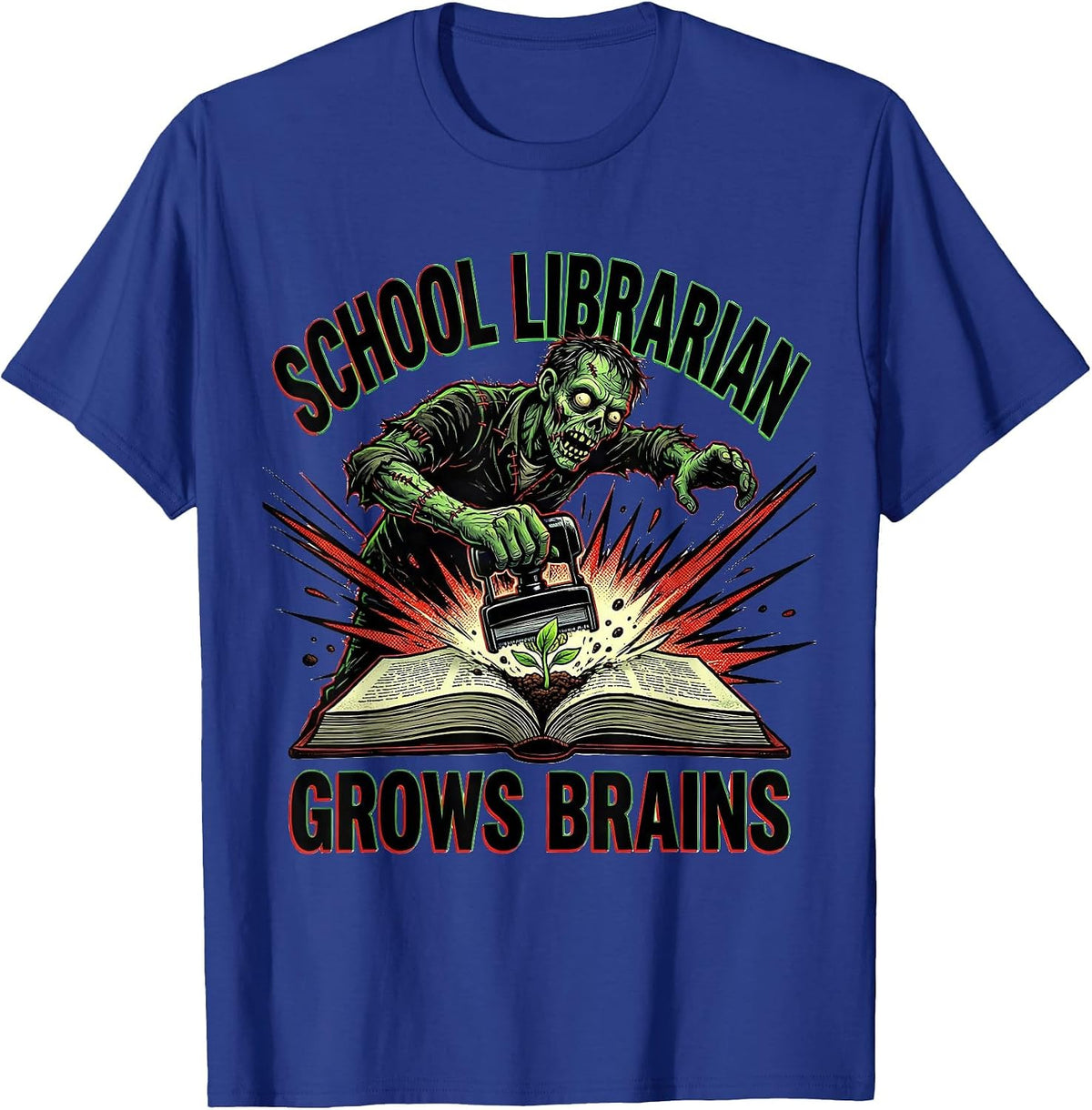 Men's School Librarian Grows Brains Comic Book Zombie Teacher T-Shirt - Royal Blue