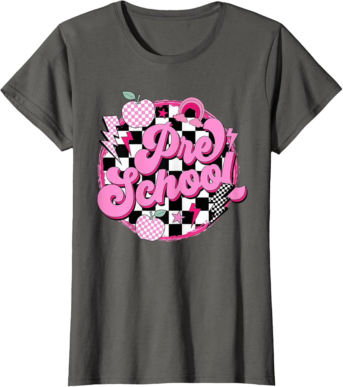 Preschool Teacher Women Retro Checkered First Day of School T-Shirt - Asphalt Grey