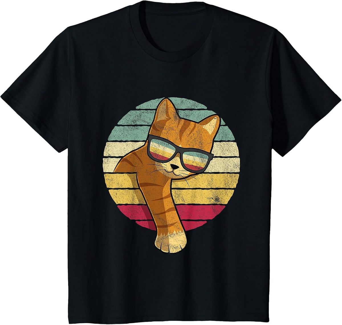 Retro Tabby Cat - Funny Orange Cat Sunglasses T-Shirt - Black