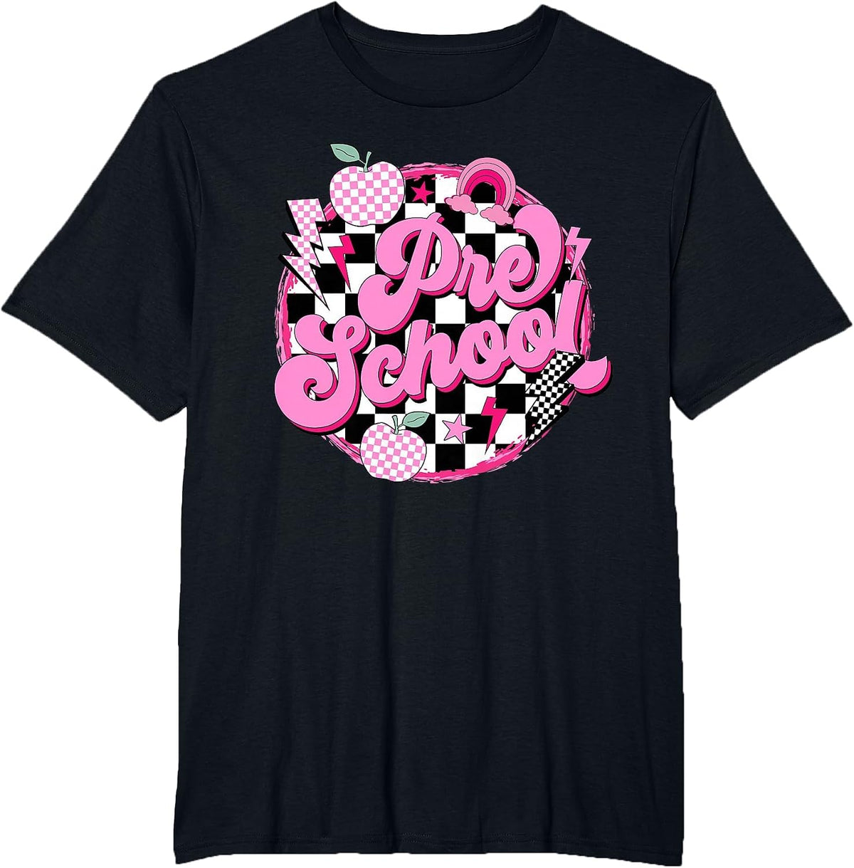 Preschool Teacher Women Retro Checkered First Day of School T-Shirt - Black