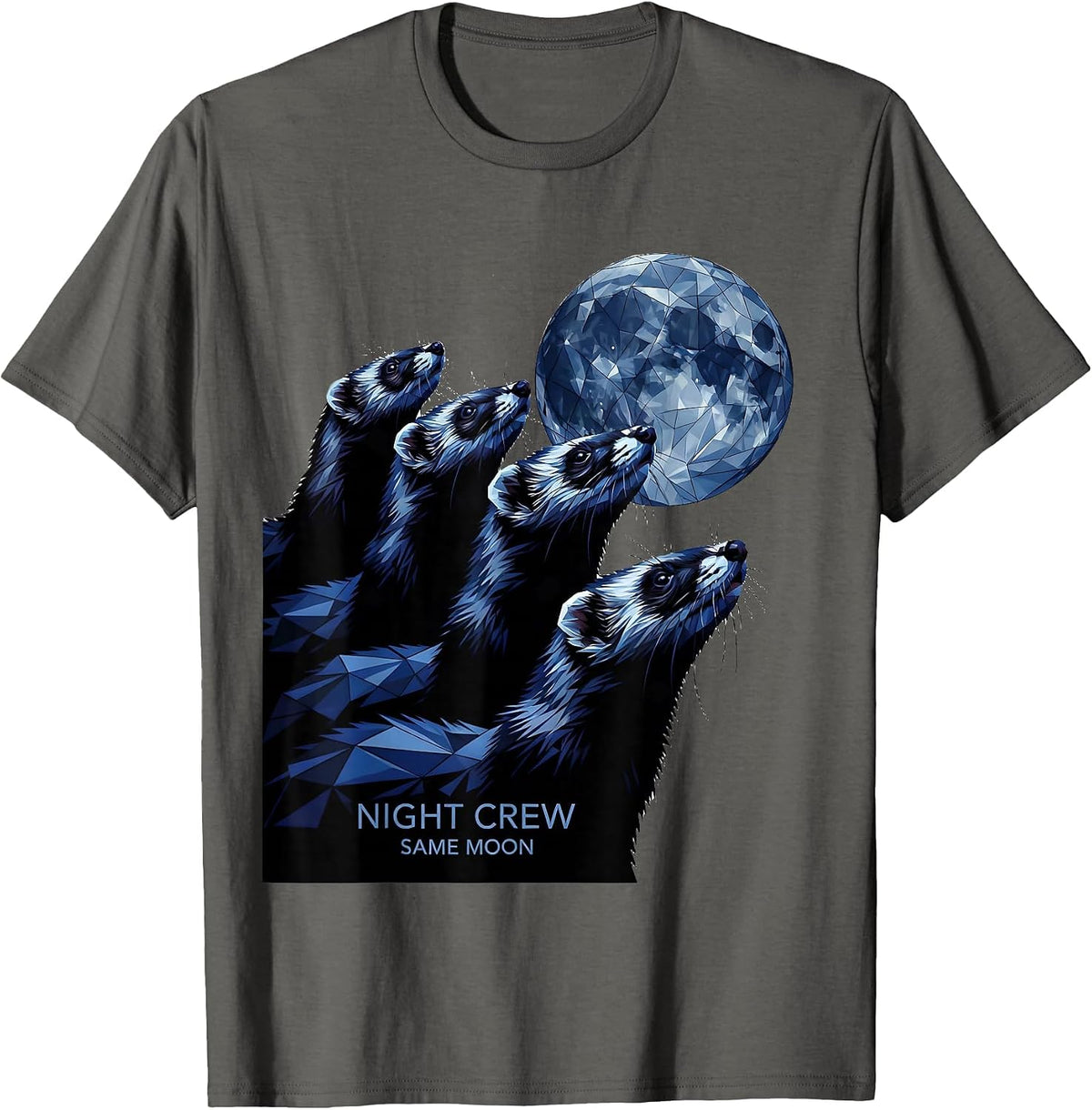 Night Crew, Same Moon Geometric Ferret Wildlife Lover Meme T-Shirt - Asphalt Grey