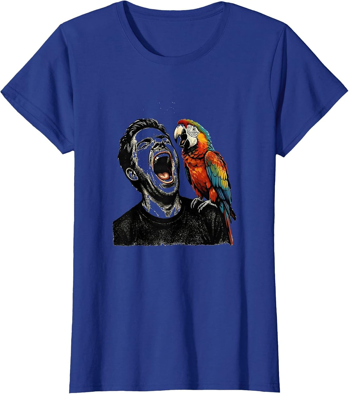 Women's Funny Parrot Mimicking Yawning Man on Shoulder T-Shirt - Royal Blue