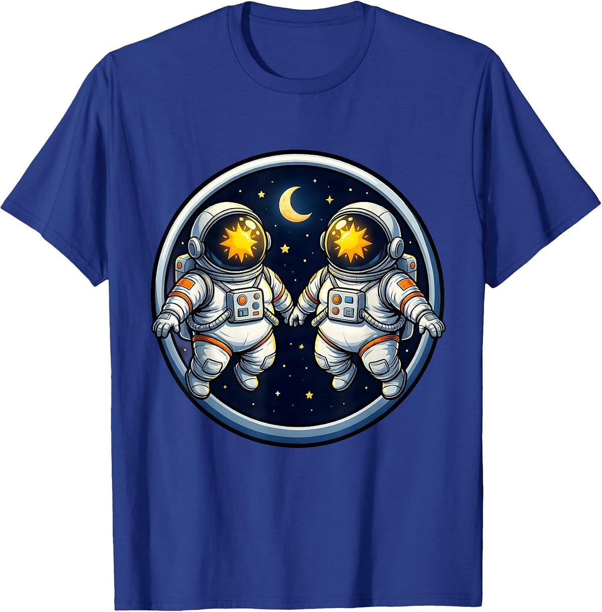Twin Astronauts Floating in Space Illustration T-Shirt - Royal Blue