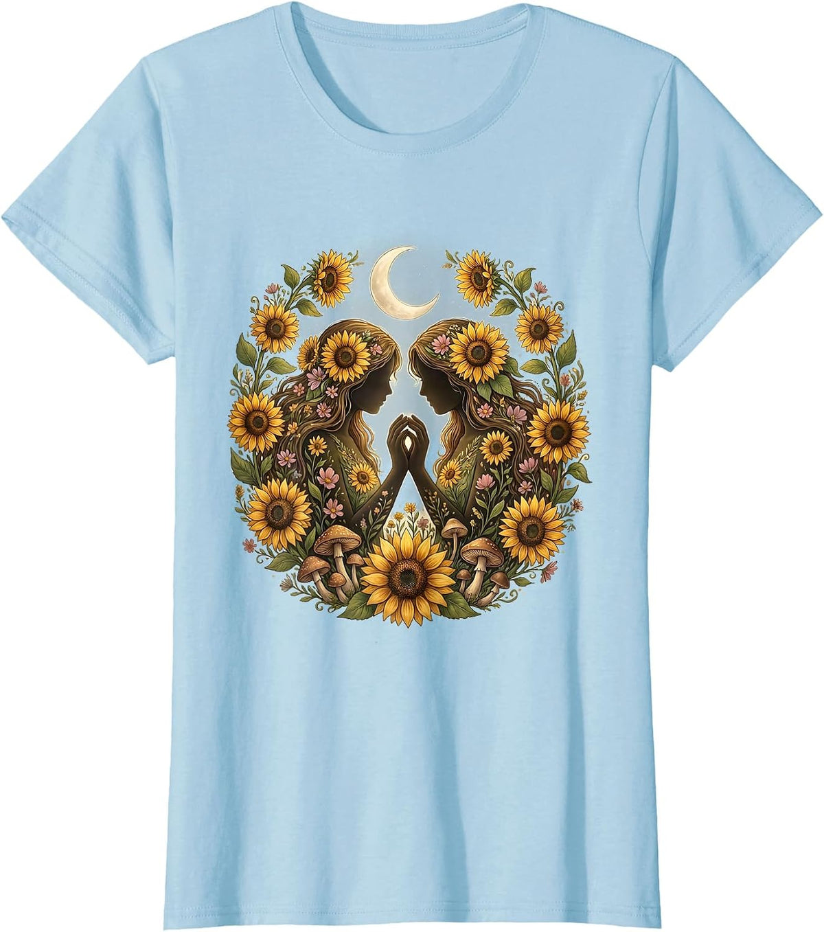 Women's Autism Awareness Women Holding Hands Sunflower Field T-Shirt - Baby Blue