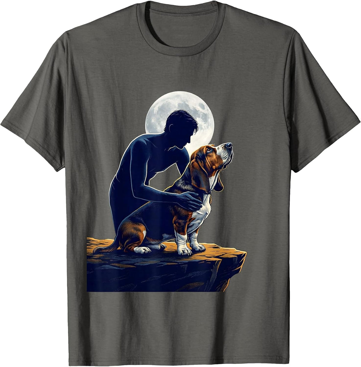 Basset Hound Howling at the Moon Vintage Mystical Dog Art T-Shirt - Asphalt Grey