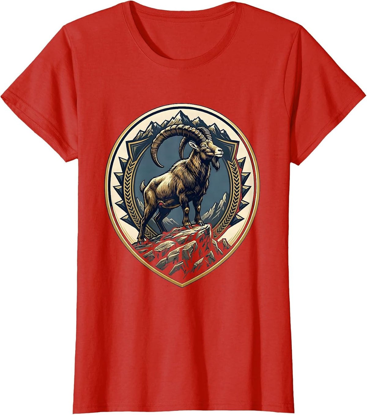 Mountain Goat Rocky Ledge Freedom Wildlife Design T-Shirt - Red