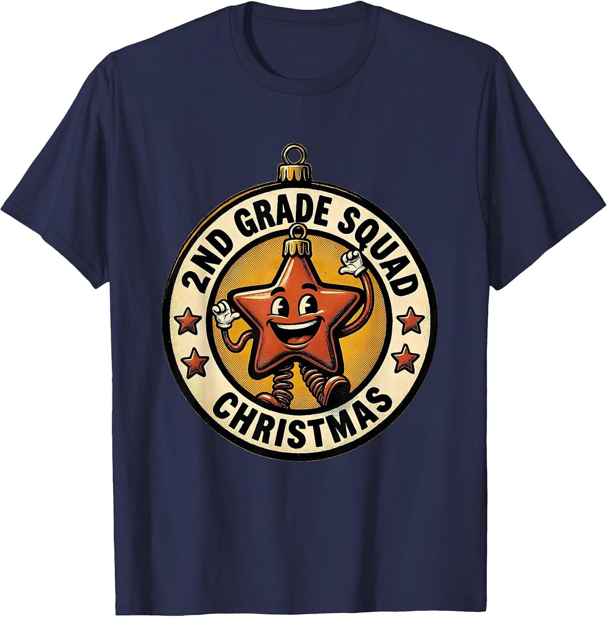2nd Grade Squad Christmas Retro Cartoon Teacher Humor T-Shirt - Navy Blue
