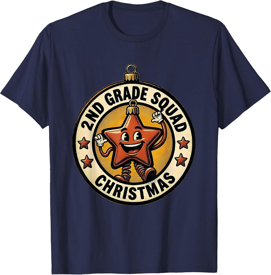 2nd Grade Squad Christmas Retro Cartoon Teacher Humor T-Shirt - Navy Blue