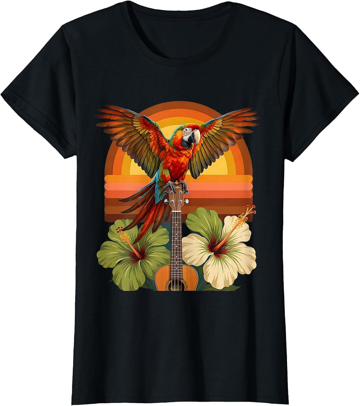 Tropical Parrot on Ukulele Hawaiian Graphic T-Shirt - Black