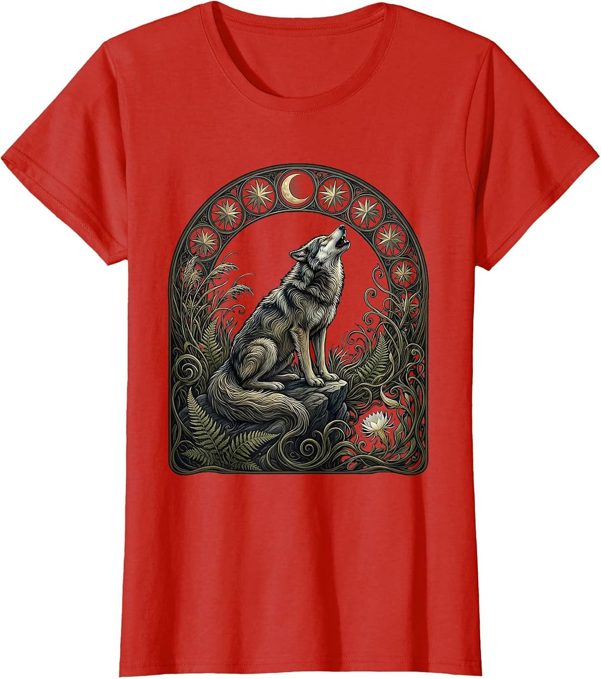 Women's Wolf Howling Under Starry Night Sky Illustration T-Shirt - Red