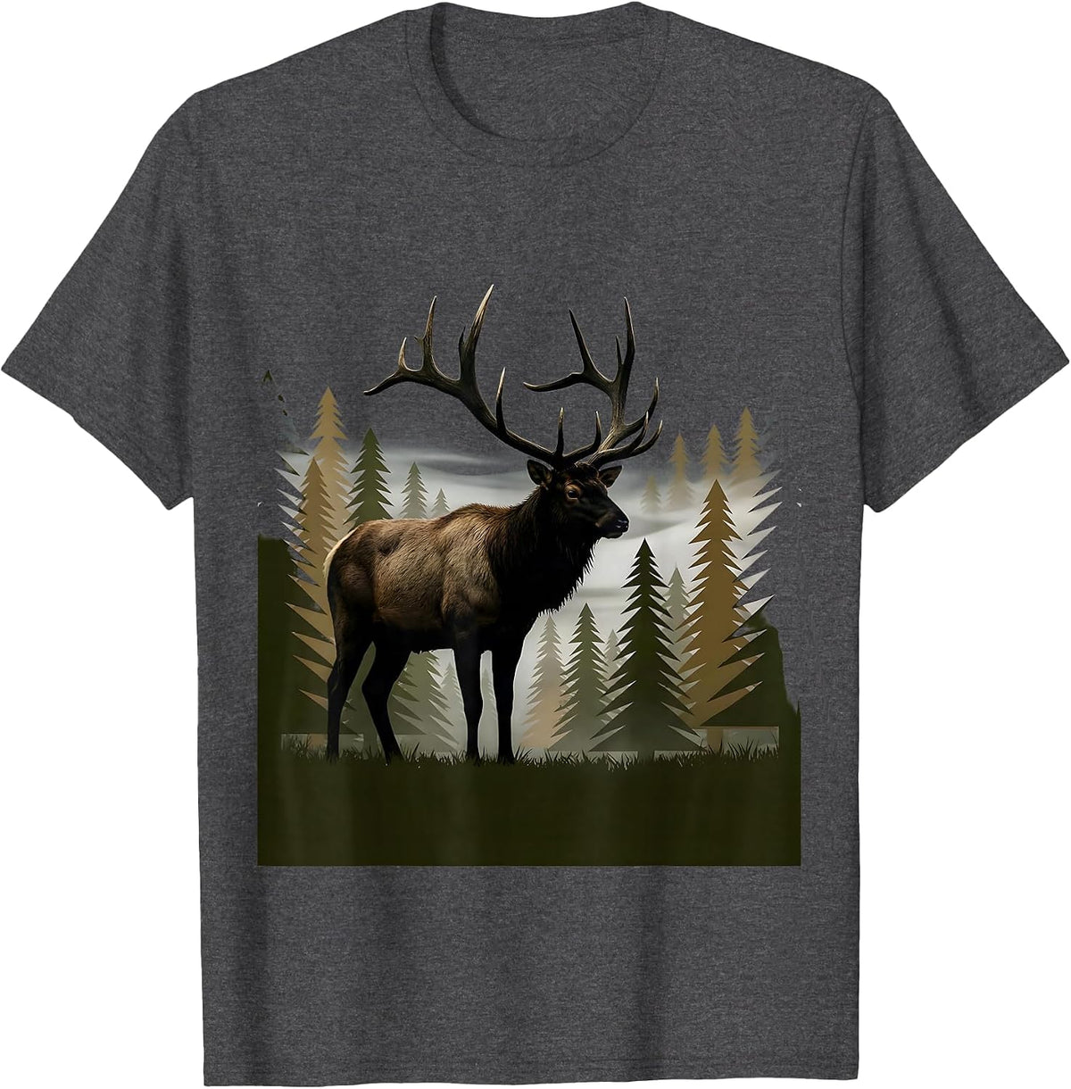 Elk in Misty Camo Woodland Illustration T-Shirt - Dark Heather Grey