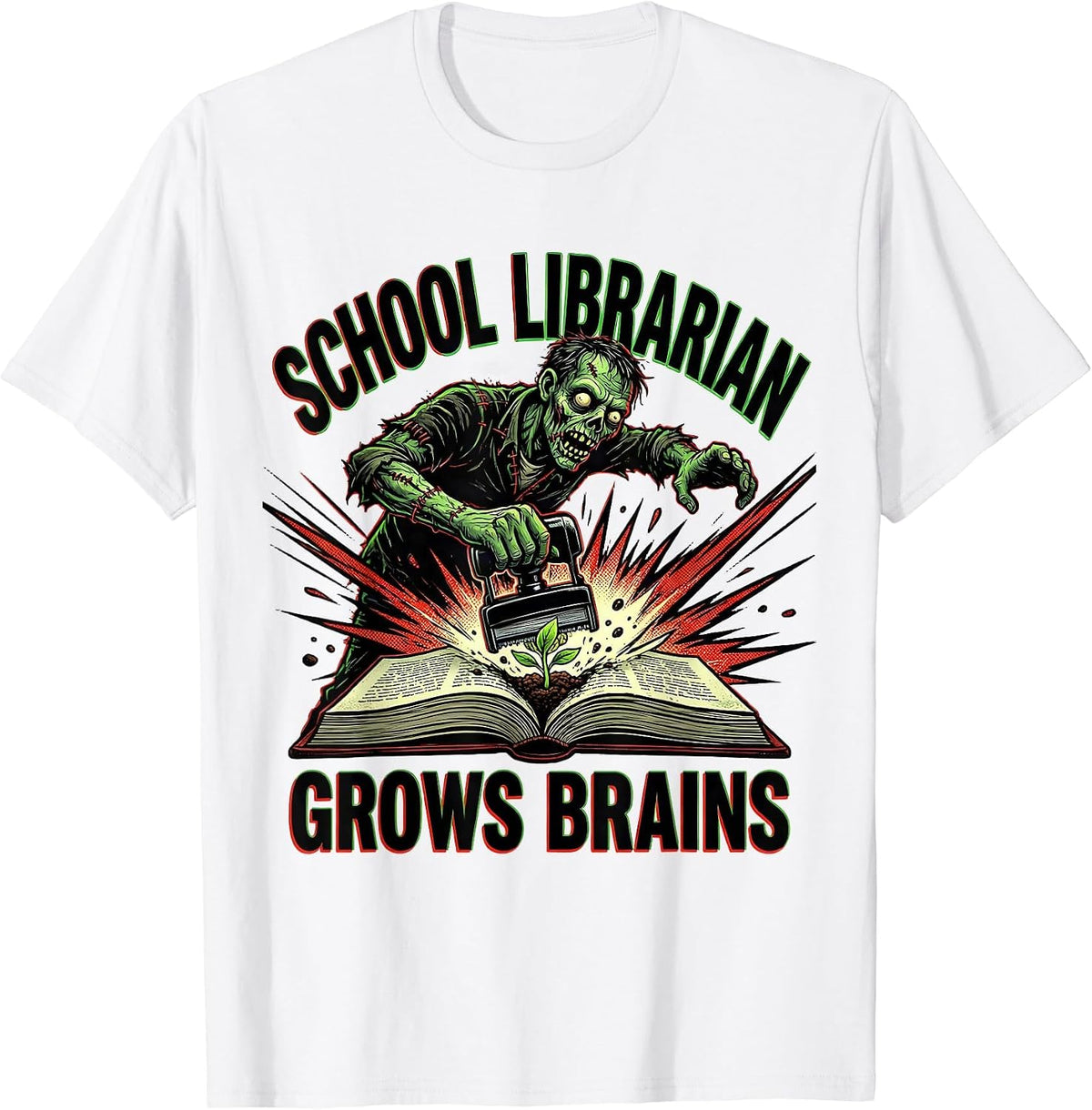 Men's School Librarian Grows Brains Comic Book Zombie Teacher T-Shirt - White